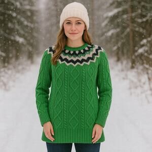 JCrew Collection SZ M 100% Chunky Wool Fair Isle Sweater In Green-White-Navy